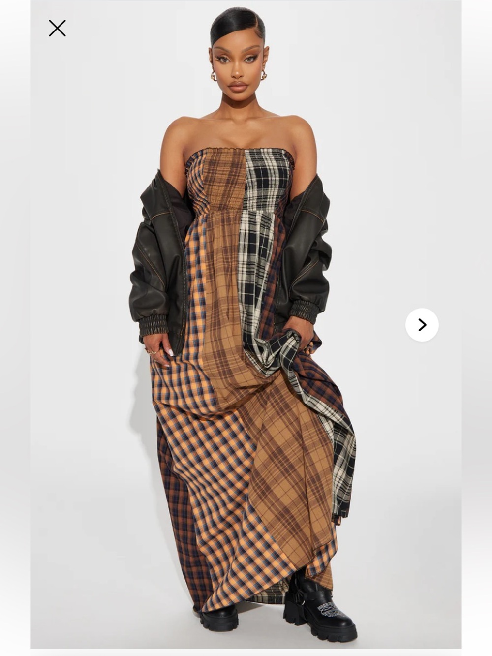 Strapless Patchwork Plaid Maxi Dress in Brown & Black